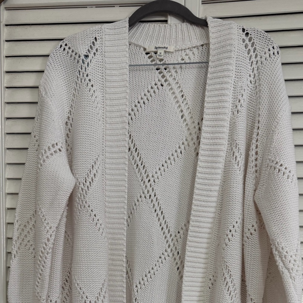 Splendid Cream Open-Front Diamond Pointelle Cardigan